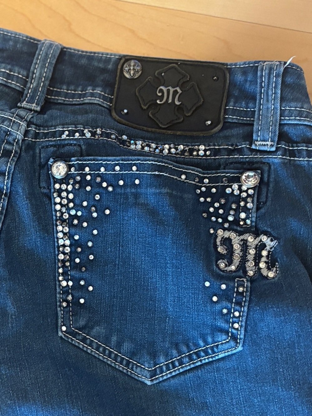 Miss Me Medium-Dark Blue Skinny Jeans with Rhinestone Trim - Picture 10 of 16